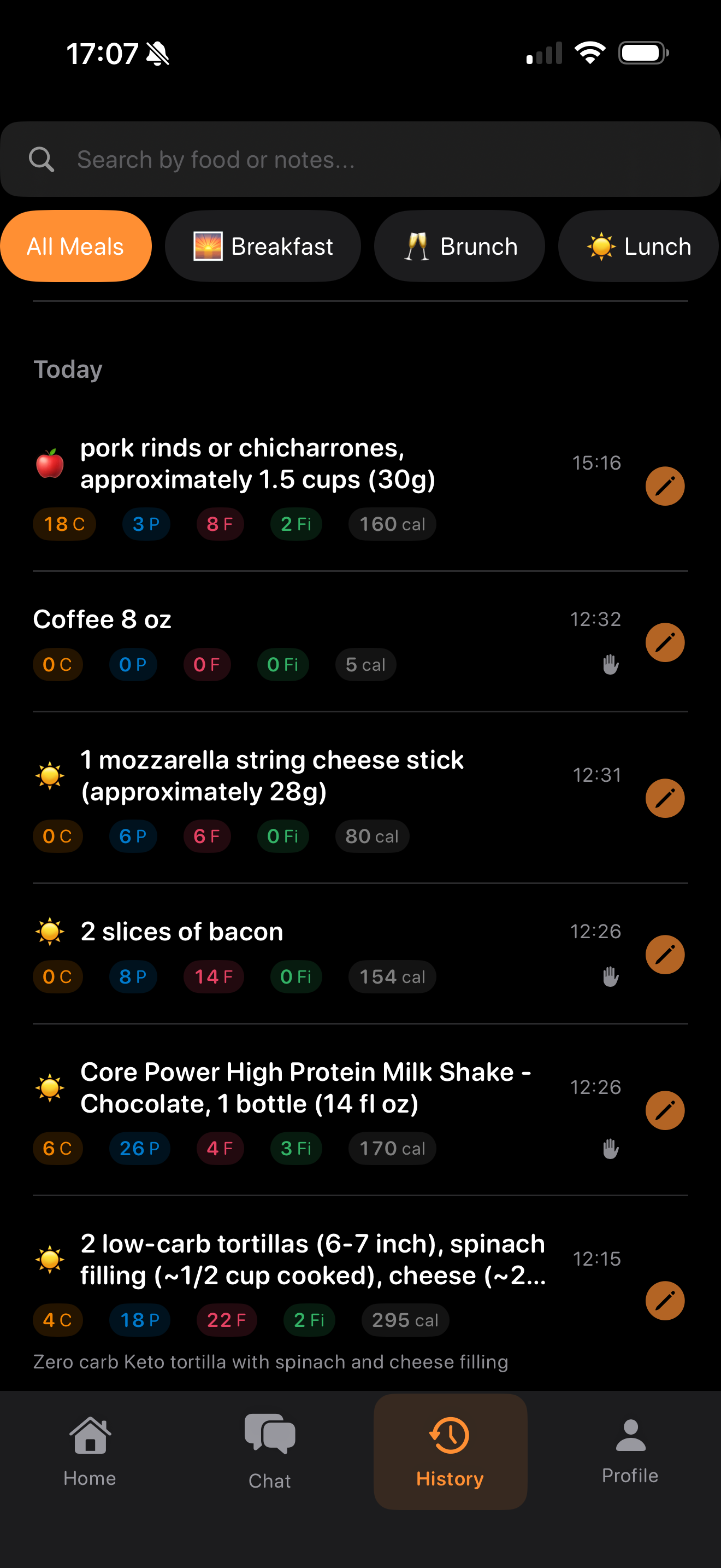 FeedAI food log with meal history and macro breakdown