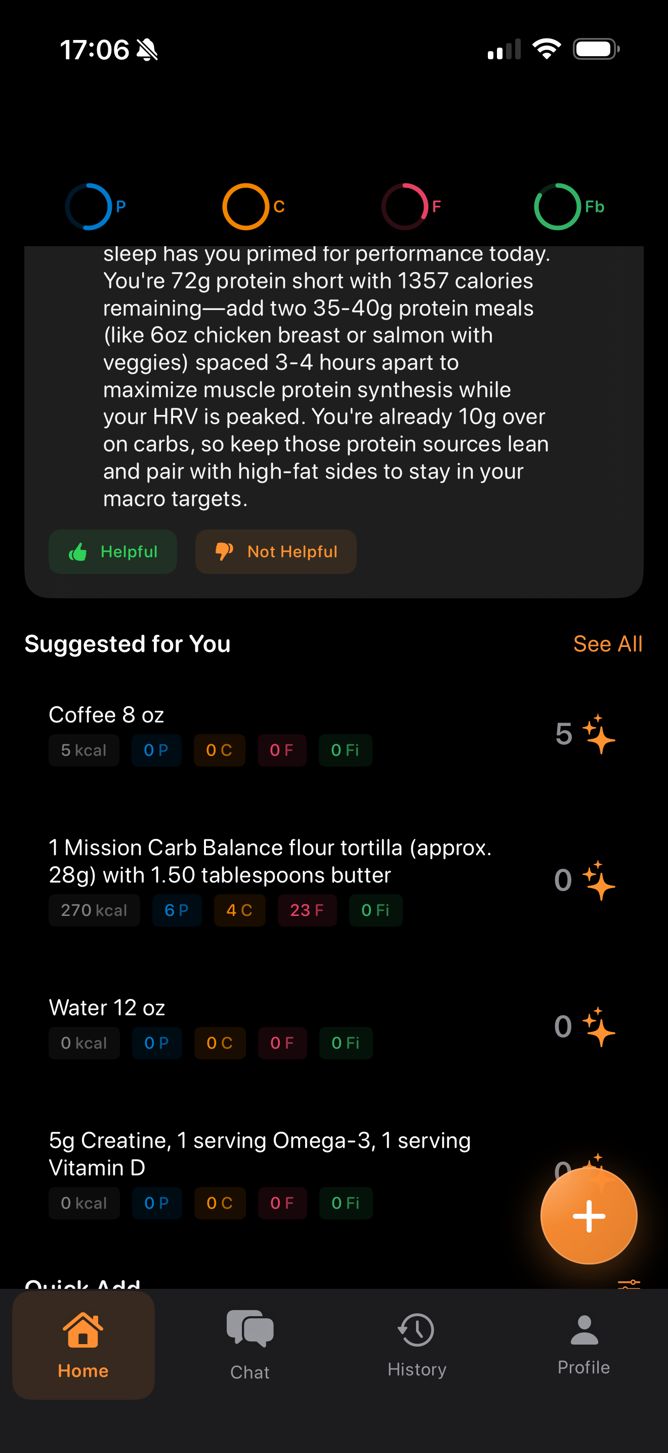 FeedAI Home with AI-powered nudges and quick add suggestions
