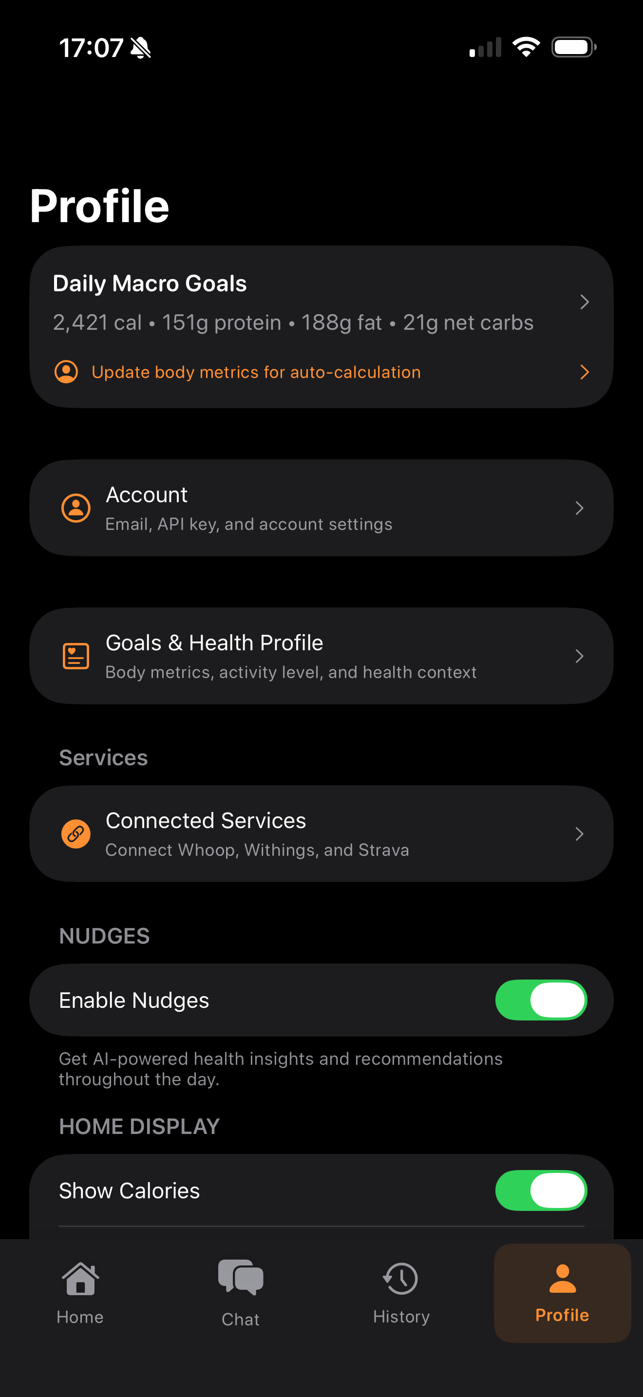 FeedAI Profile with macro goals and connected services