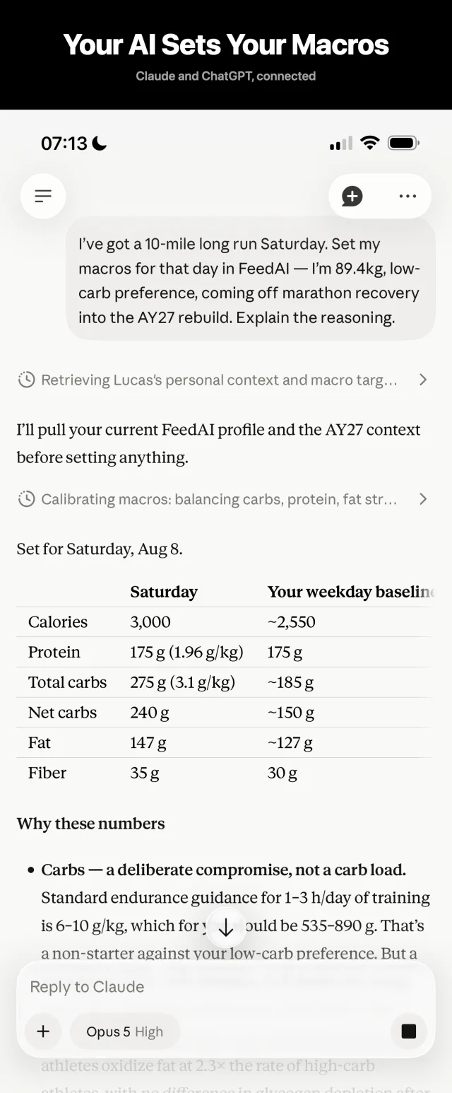 Claude conversation setting per-day macros in FeedAI with reasoning