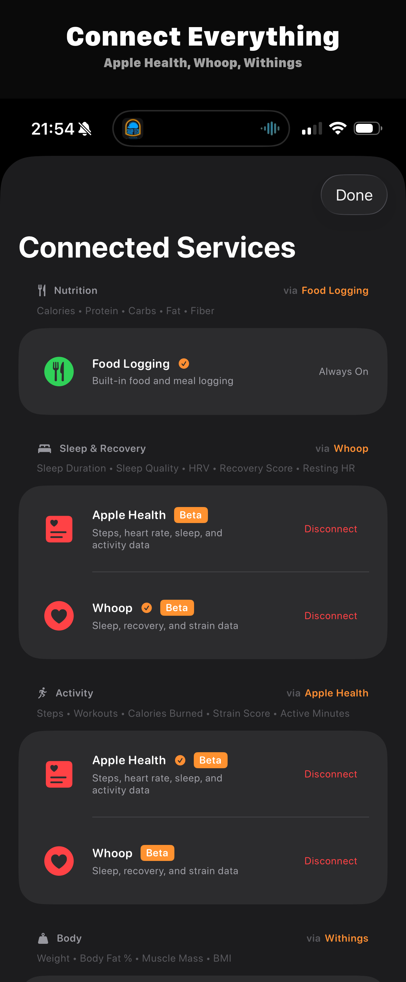 FeedAI Connected Services showing Whoop, Apple Health, and Withings integrations