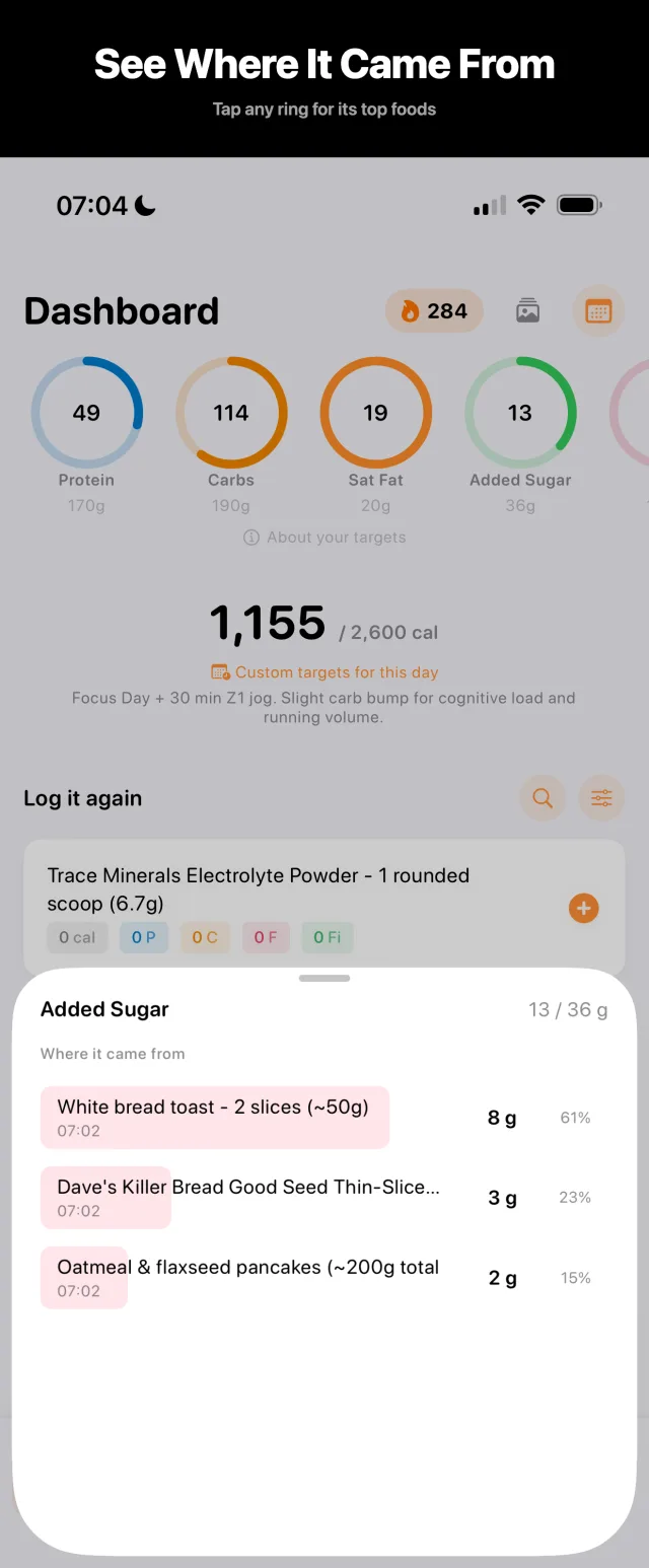 FeedAI added-sugar ring tapped open, showing which foods contributed most