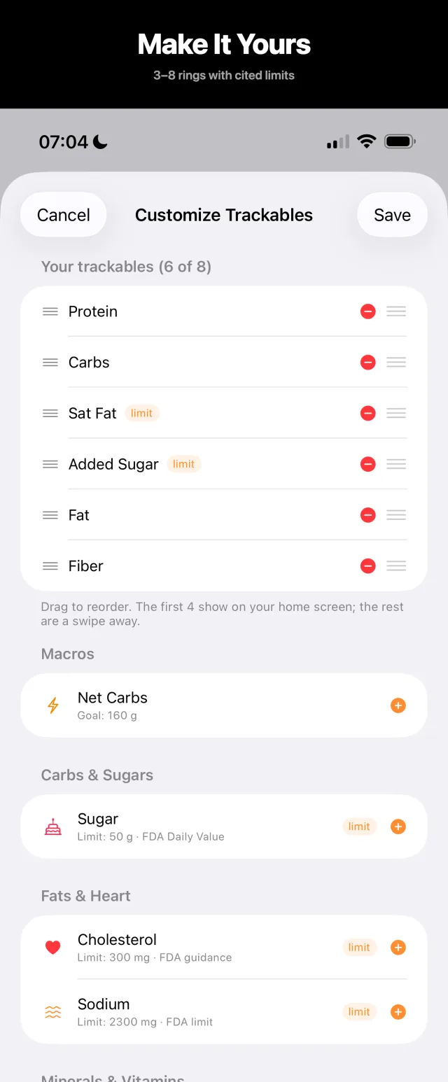 FeedAI Customize Trackables screen with drag-to-reorder rings and cited nutrient limits