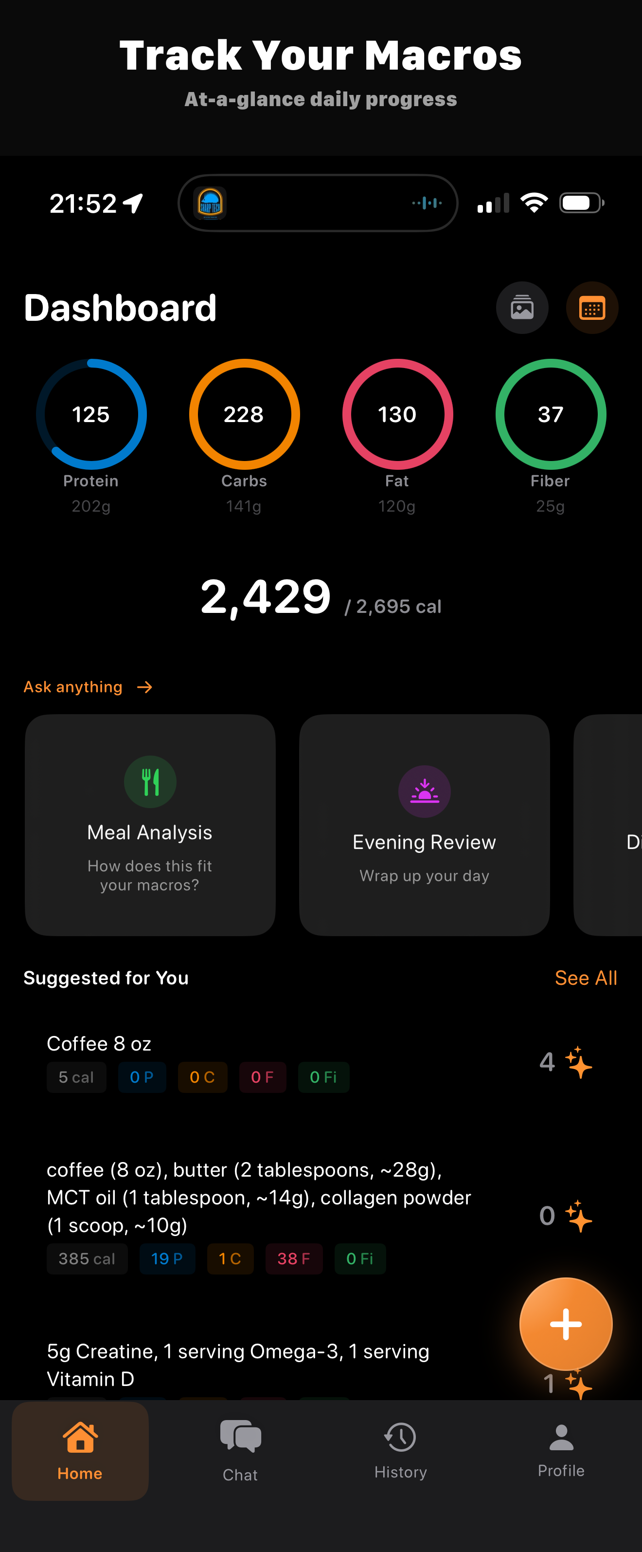 FeedAI Dashboard showing macro tracking rings and daily progress
