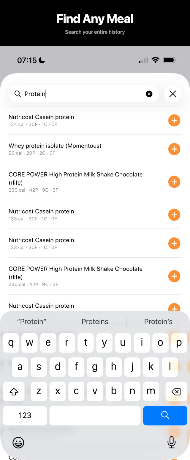 FeedAI history search finding meals across the full log