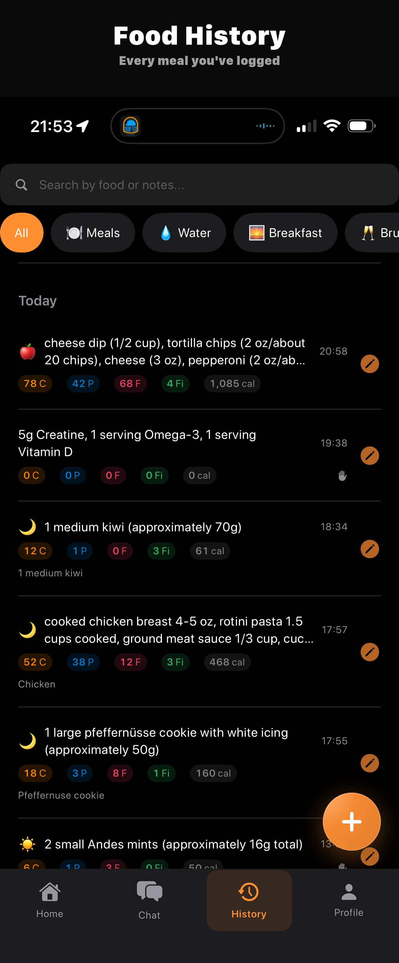 FeedAI food log with meal history and macro breakdown