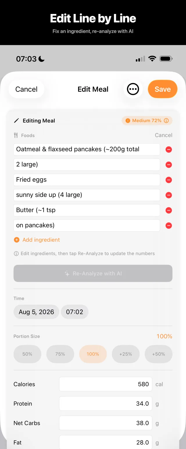 FeedAI meal editor with line-by-line ingredients and AI re-analyze