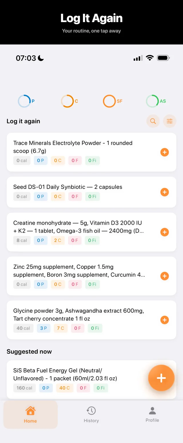 FeedAI Log It Again list with pinned meals and smart suggestions