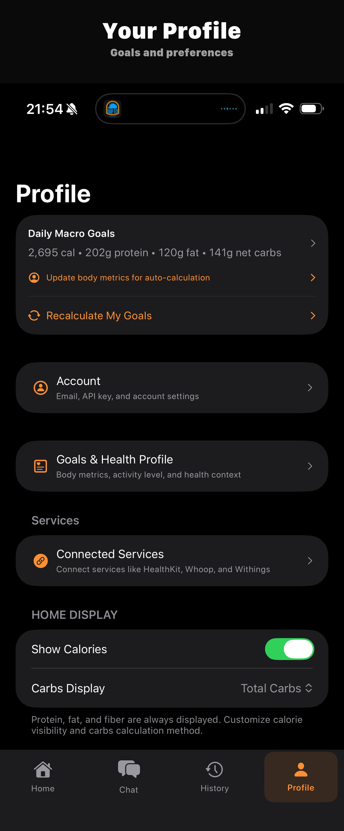 FeedAI Profile with macro goals and settings