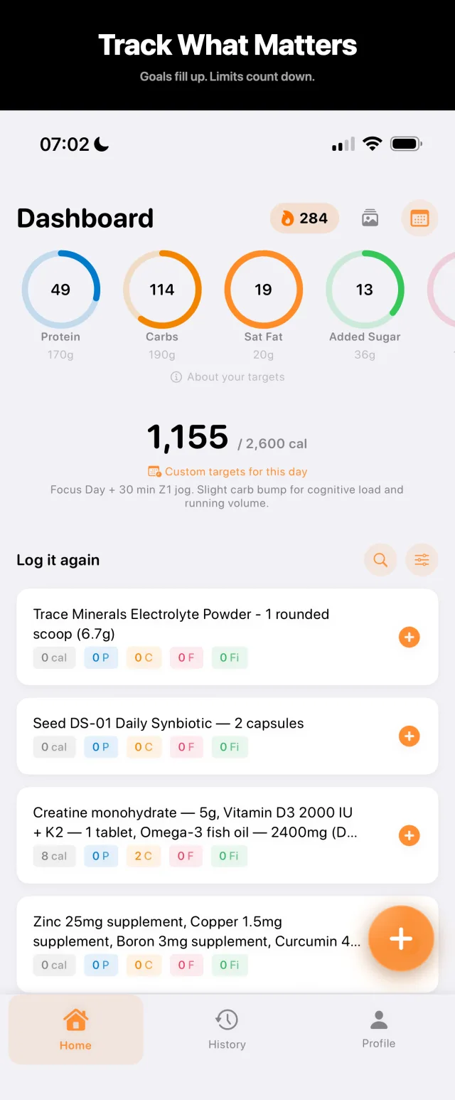 FeedAI dashboard with customizable nutrient rings and a saturated-fat limit ring near its cap