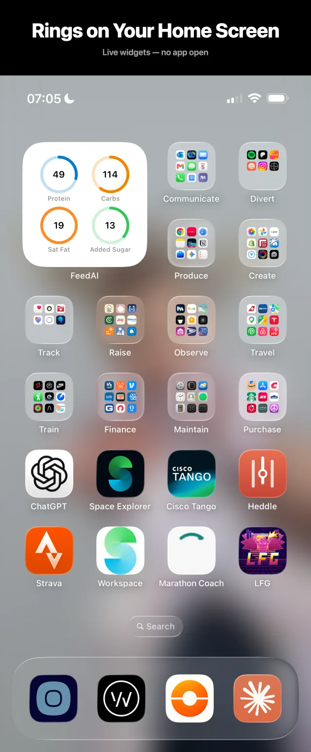 iPhone Home Screen with the FeedAI nutrient-rings widget